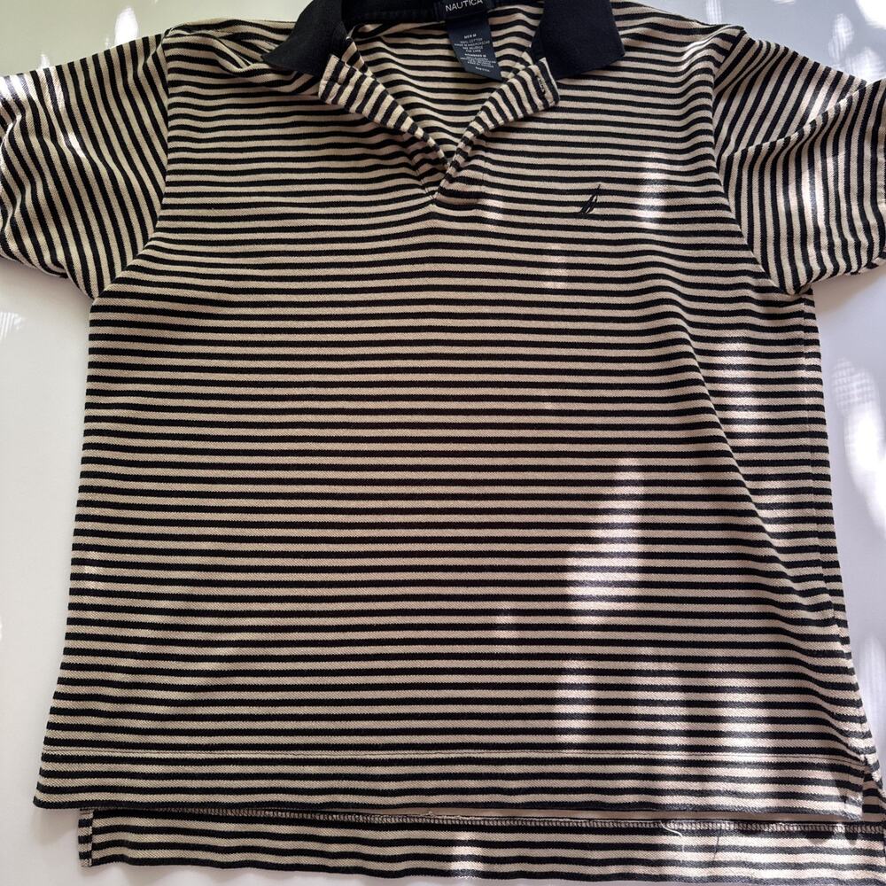 Nautica Men's Polo Shirt Size L Tan Black Striped Logo 100% Cotton Short Sleeve